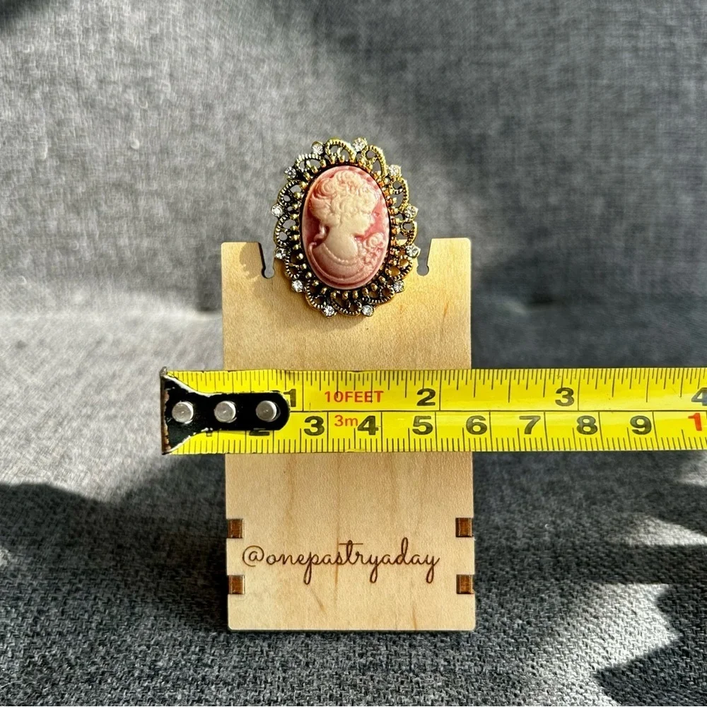 Sparkly Cameo Brooch Pin, Rhinestone Filigree Edging Detail, Red, Pink, Gold